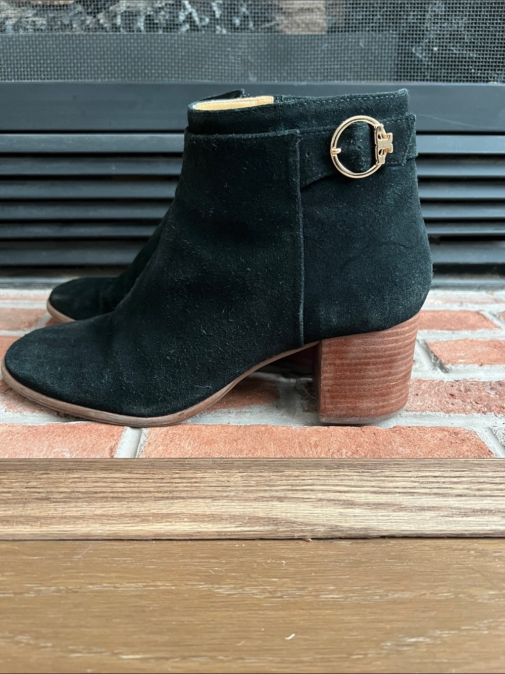 Tory Burch Black Suede Ankle Boot with Gold Ring Accent